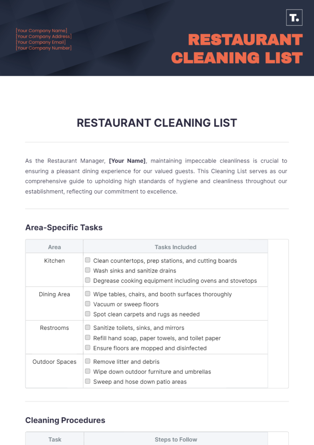 Restaurant Cleaning List Template