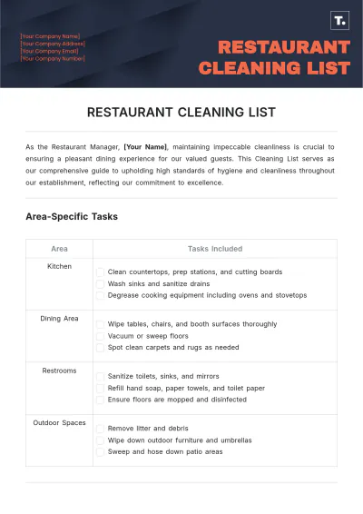Free Restaurant Cleaning List Template to Edit Online