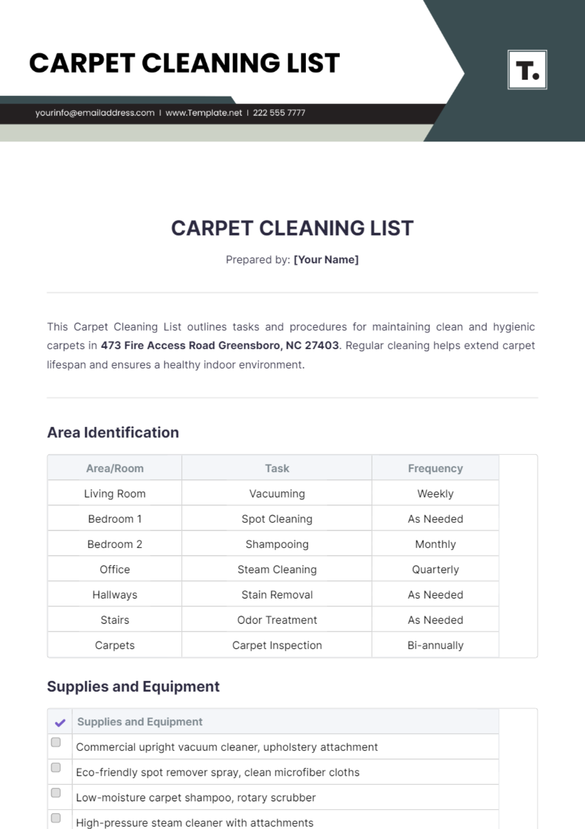 Carpet Cleaning List Template