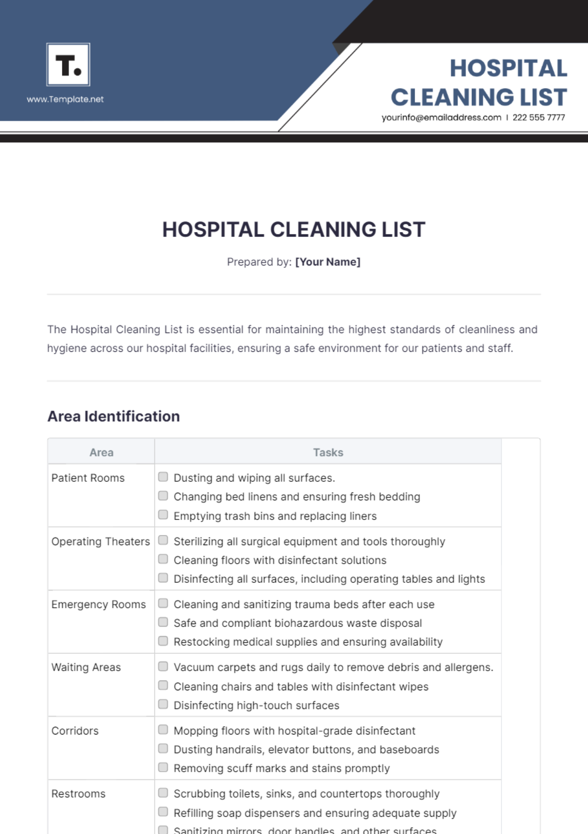 Hospital Cleaning List Template - Edit Online & Download