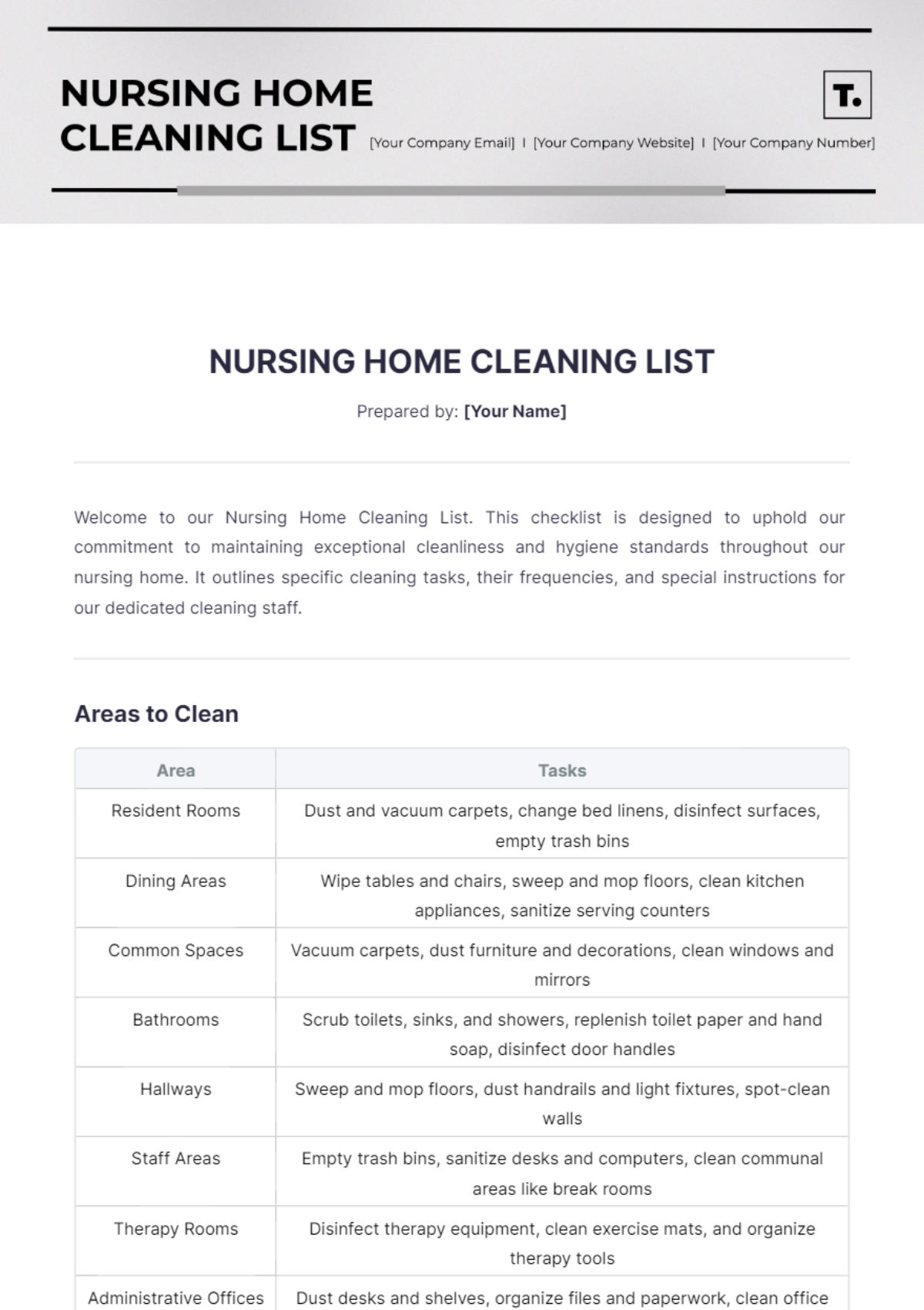 Nursing Home Cleaning List Template - Edit Online & Download