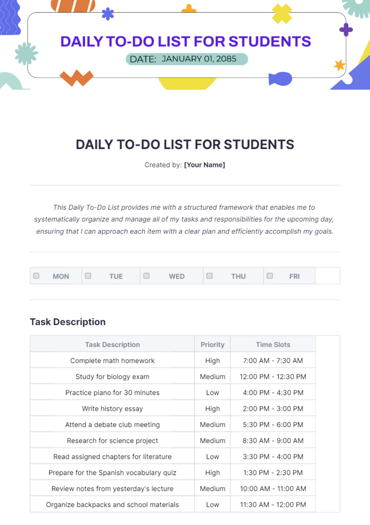 Daily To Do List Template for Students - Edit Online & Download