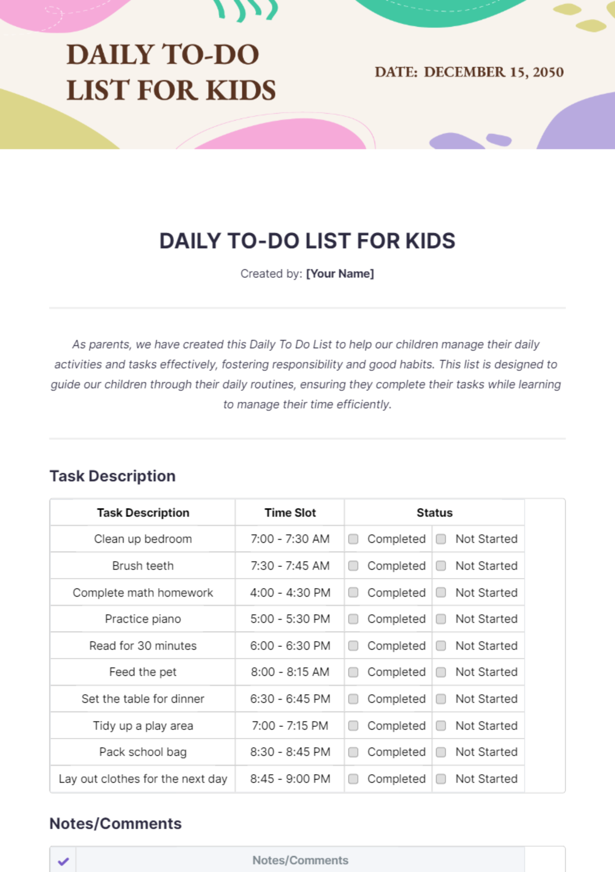 Daily To Do List Template for Kids - Edit Online & Download