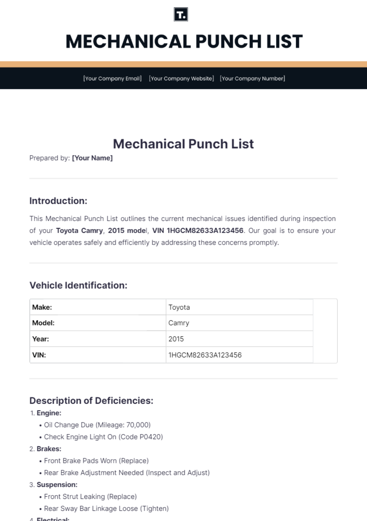 Mechanical Punch List Template