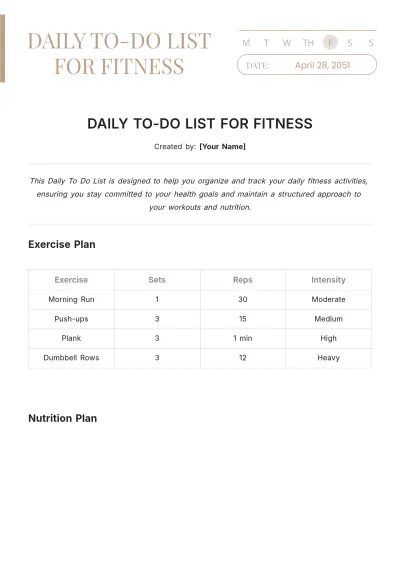 Free Daily To Do List Template for Fitness to Edit Online