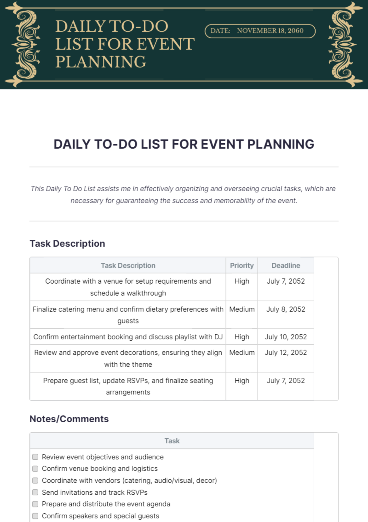 Daily To Do List Template for Event Planning - Edit Online & Download