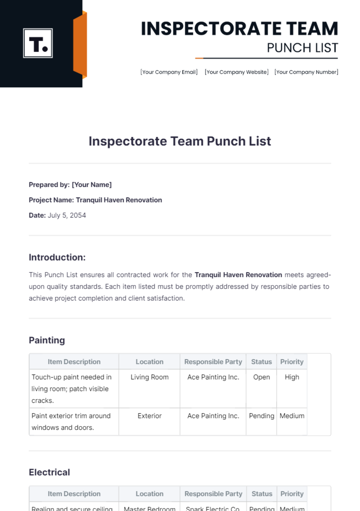 Inspectorate Team Punch List Template