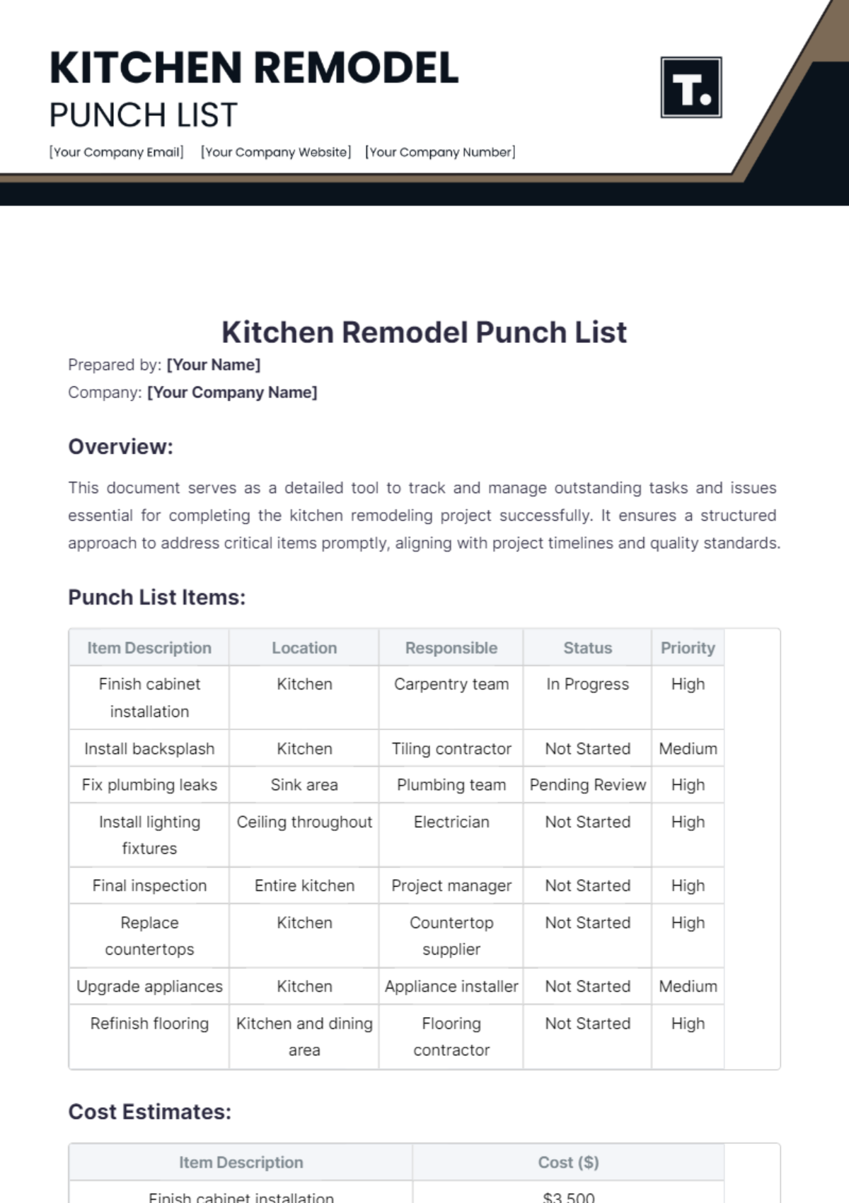 Kitchen Remodel Punch List Template