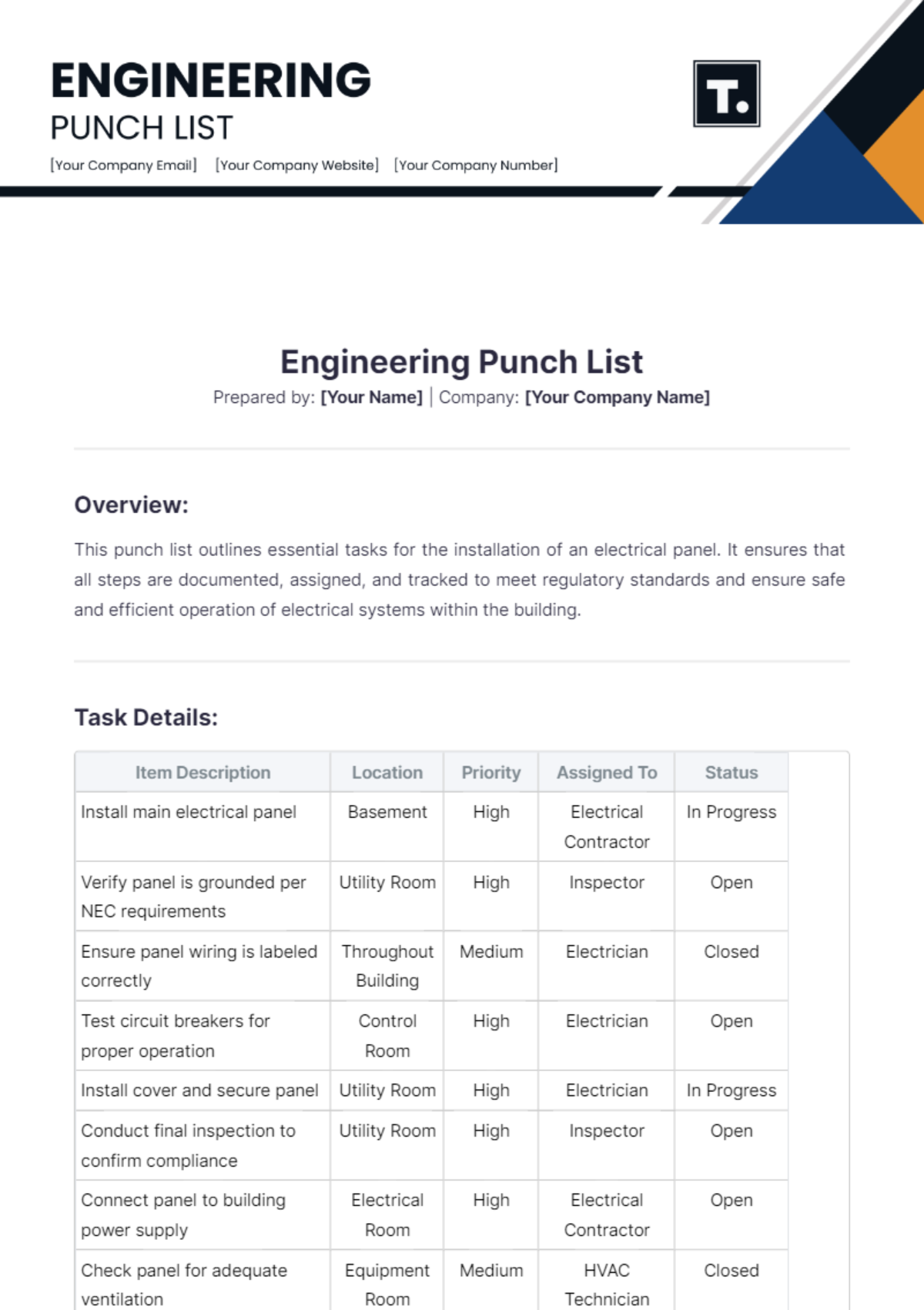 Engineering Punch List Template