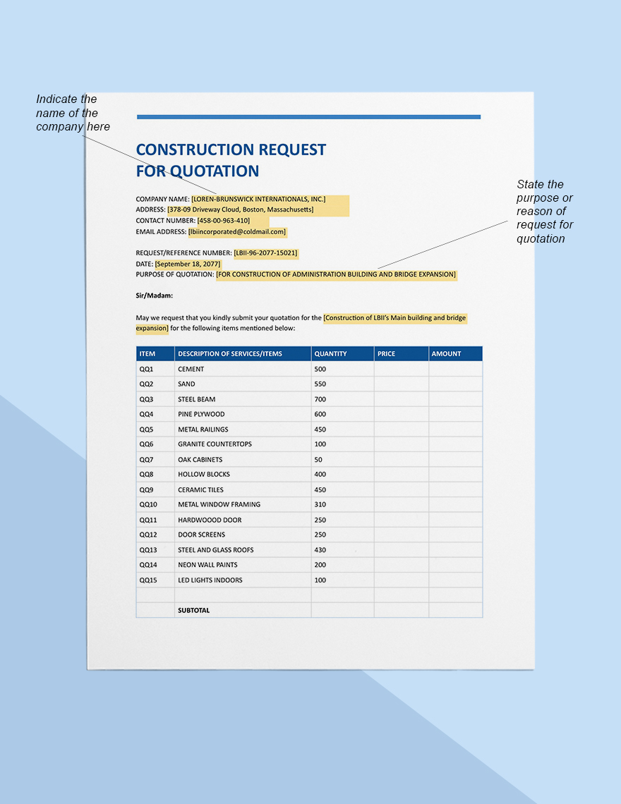 Construction Request for Quotation Template - Google Docs, Google ...