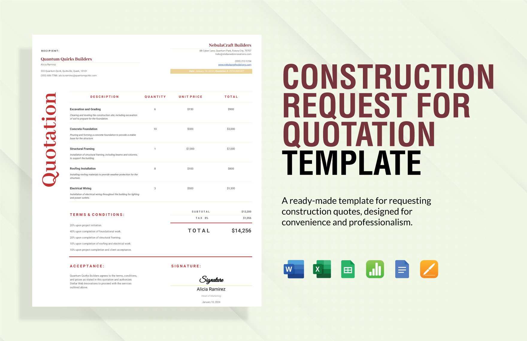 Construction Request for Quotation Template in Word, Google Docs, Excel, Google Sheets, Apple Pages, Apple Numbers