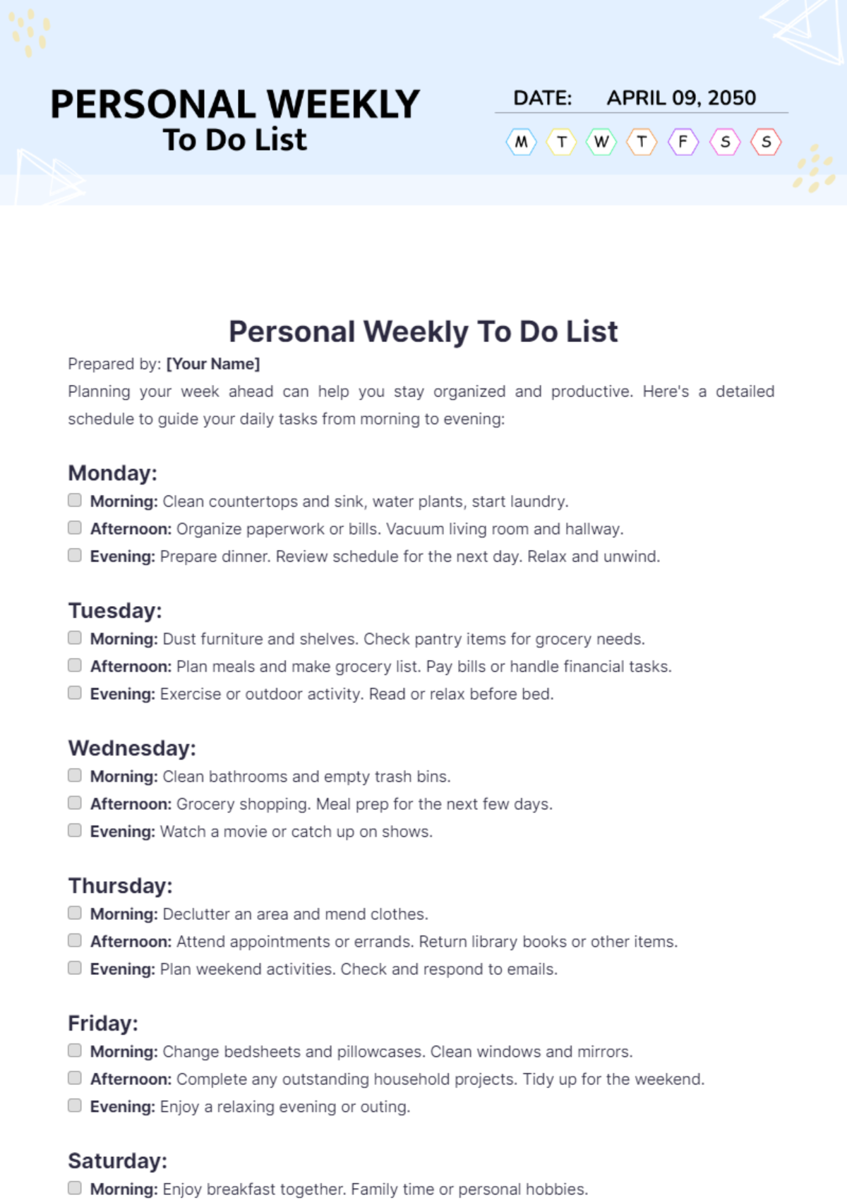 Personal Weekly To Do List Template - Edit Online & Download