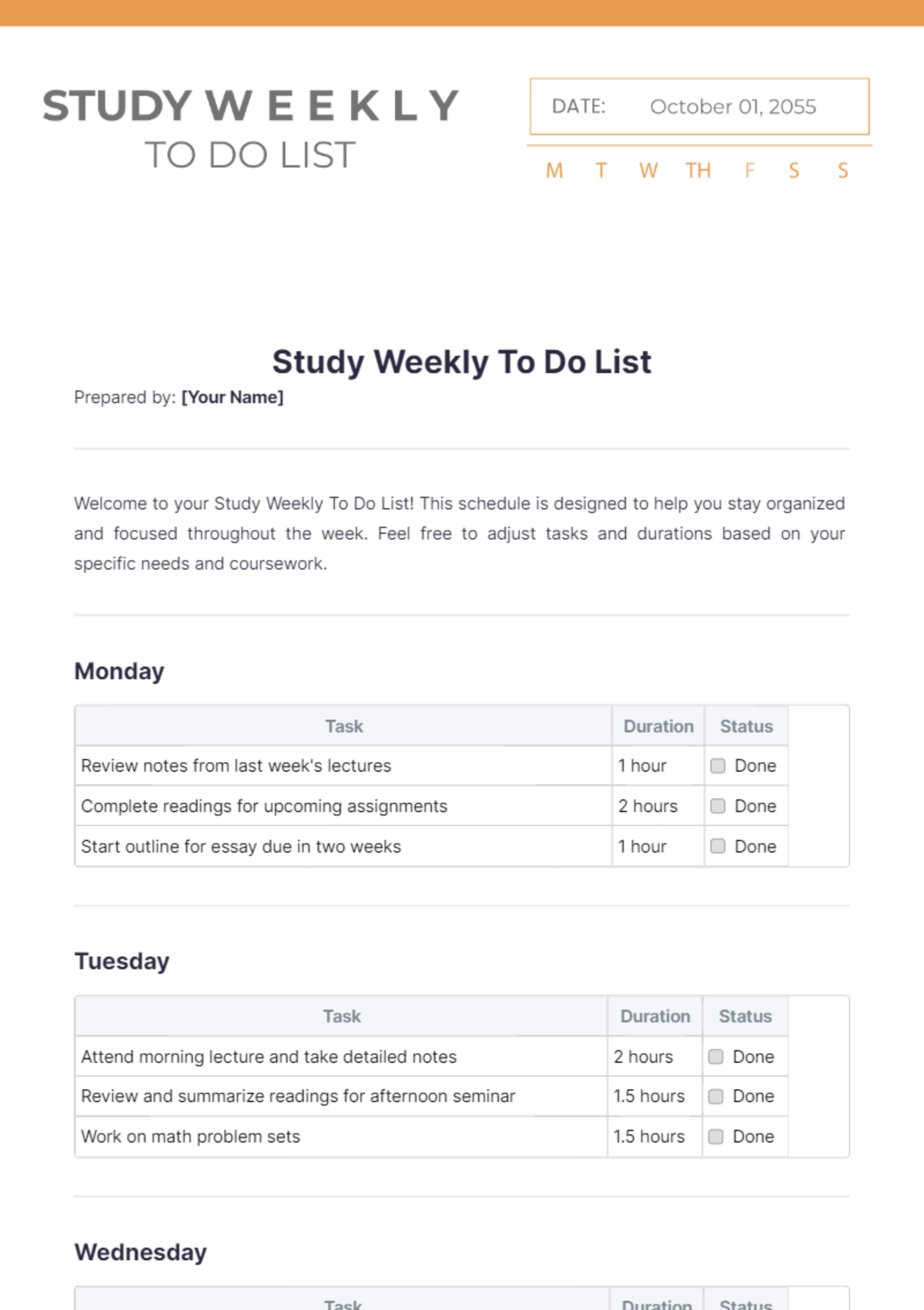 Study Weekly To Do List Template - Edit Online & Download