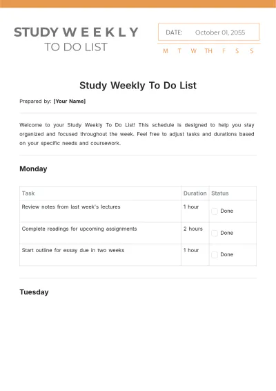 Free Study Weekly To Do List Template to Edit Online