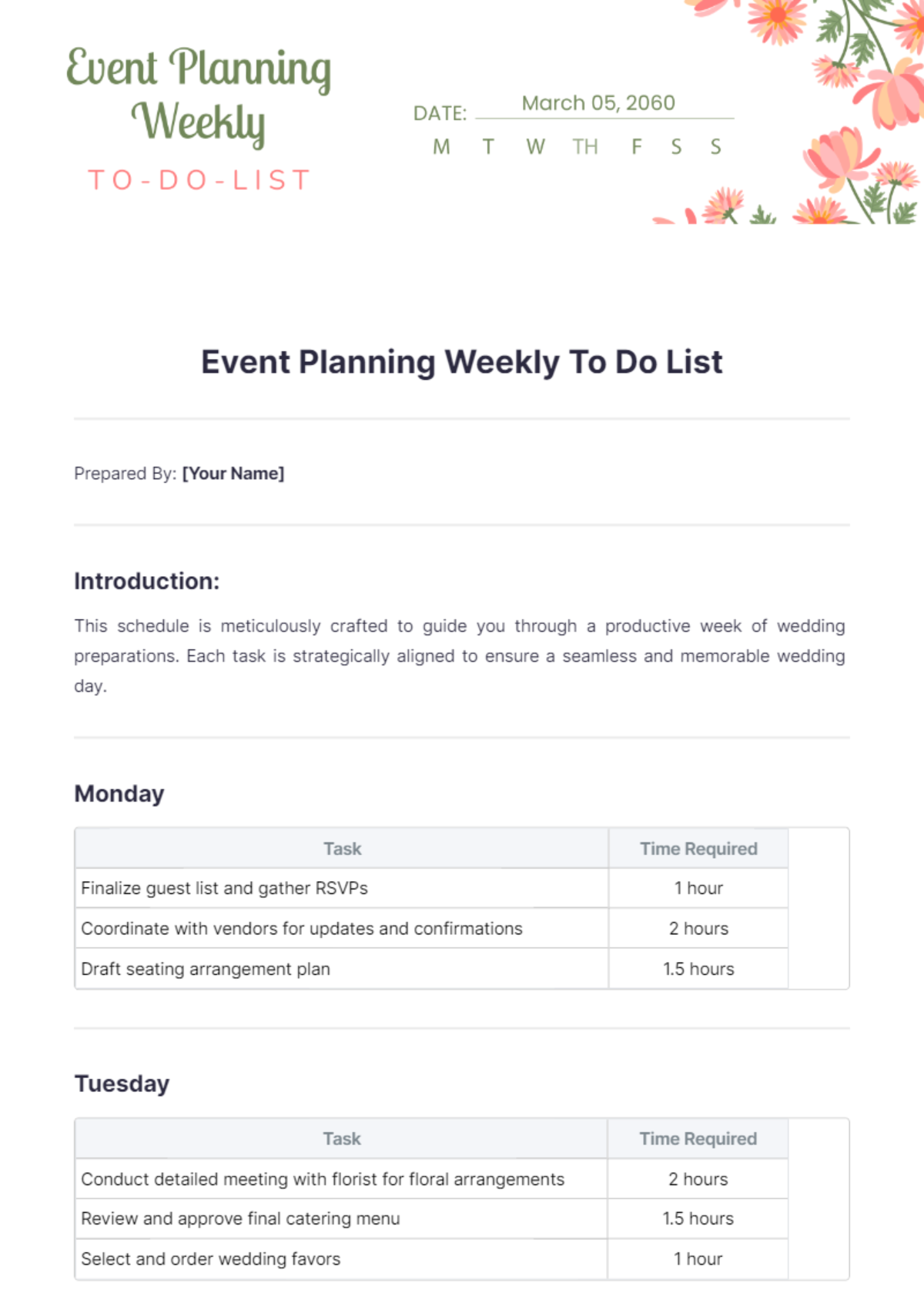 Event Planning Weekly To Do List Template - Edit Online & Download