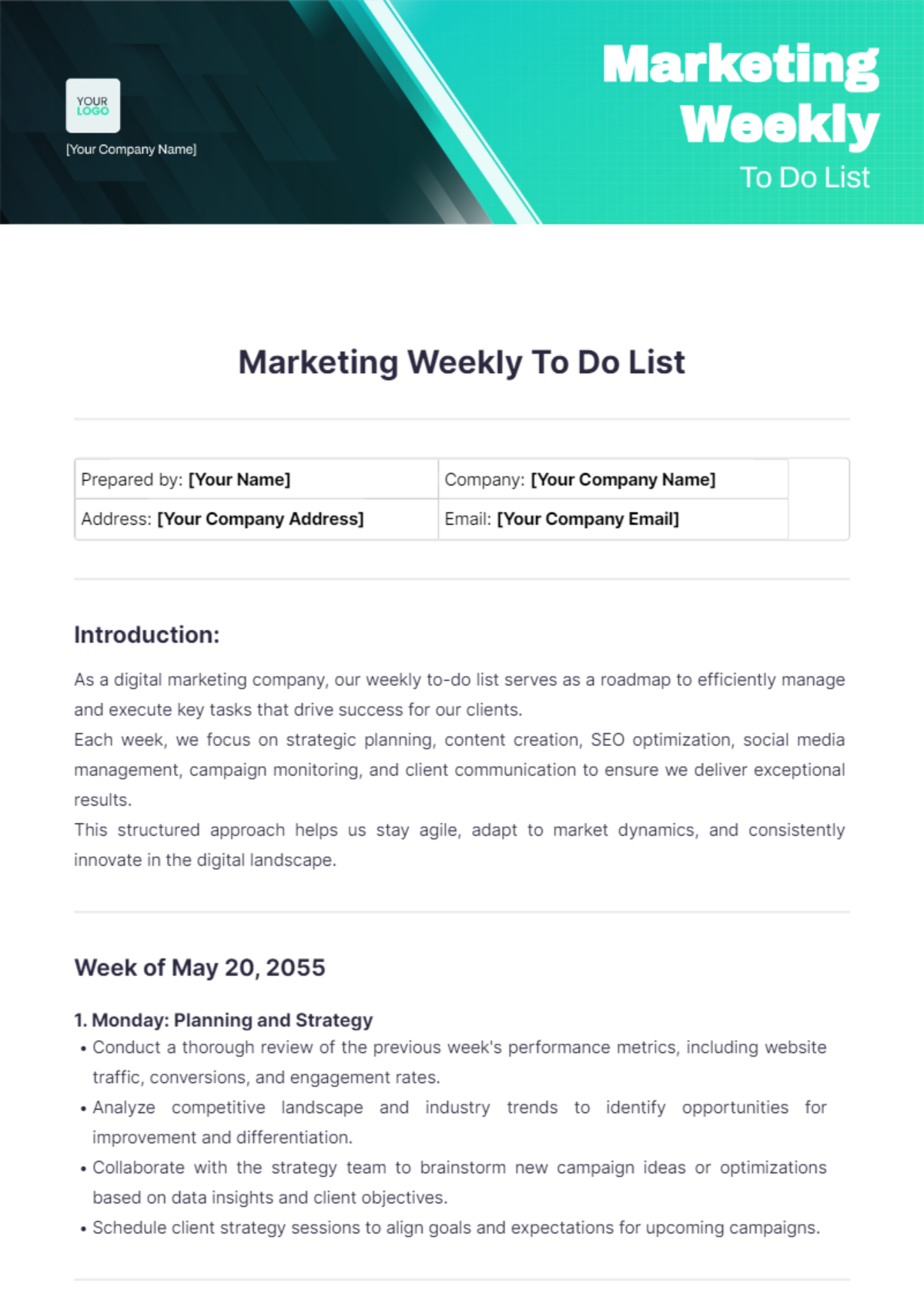 Marketing Weekly To Do List Template - Edit Online & Download