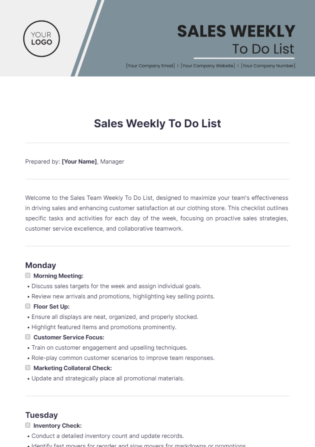 Sales Weekly To Do List Template - Edit Online & Download