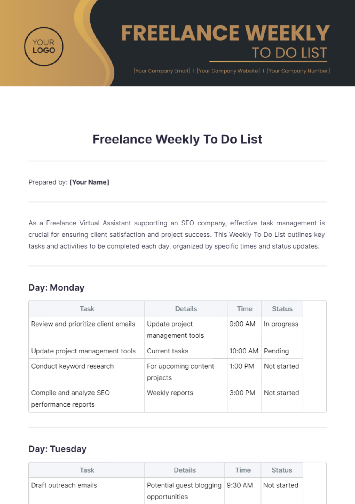 Freelance Weekly To Do List Template - Edit Online & Download