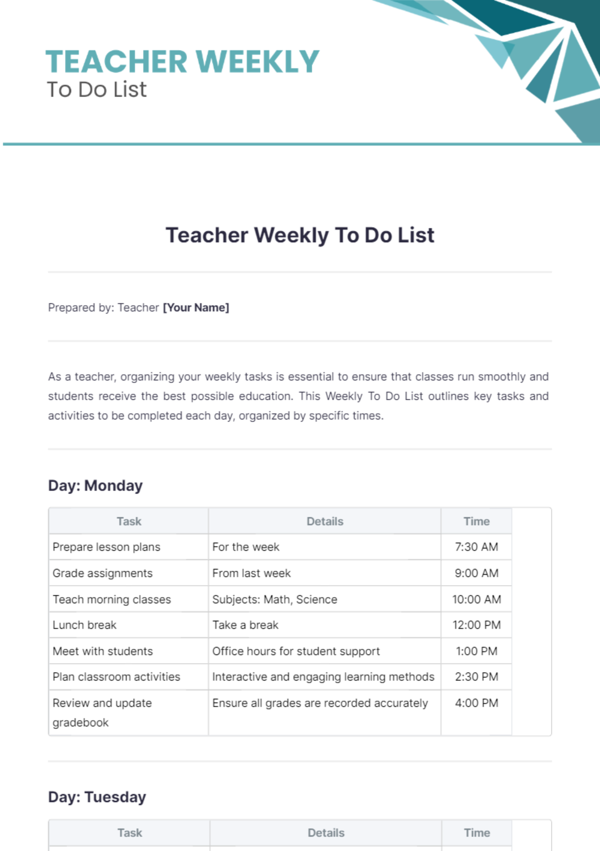 Teacher Weekly To Do List Template - Edit Online & Download