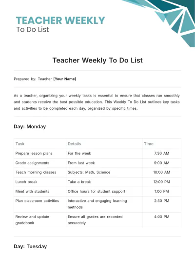 Free Teacher Weekly To Do List Template to Edit Online