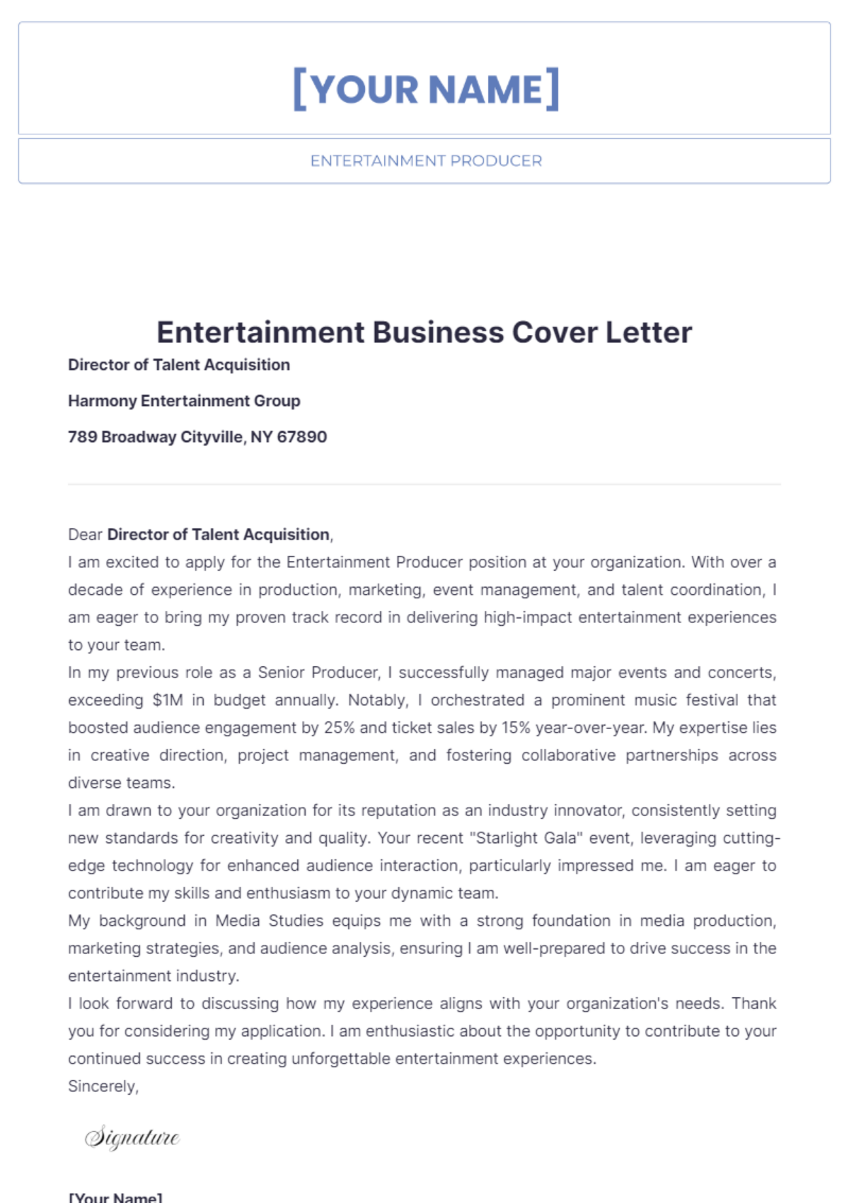 Entertainment Business Cover Letter