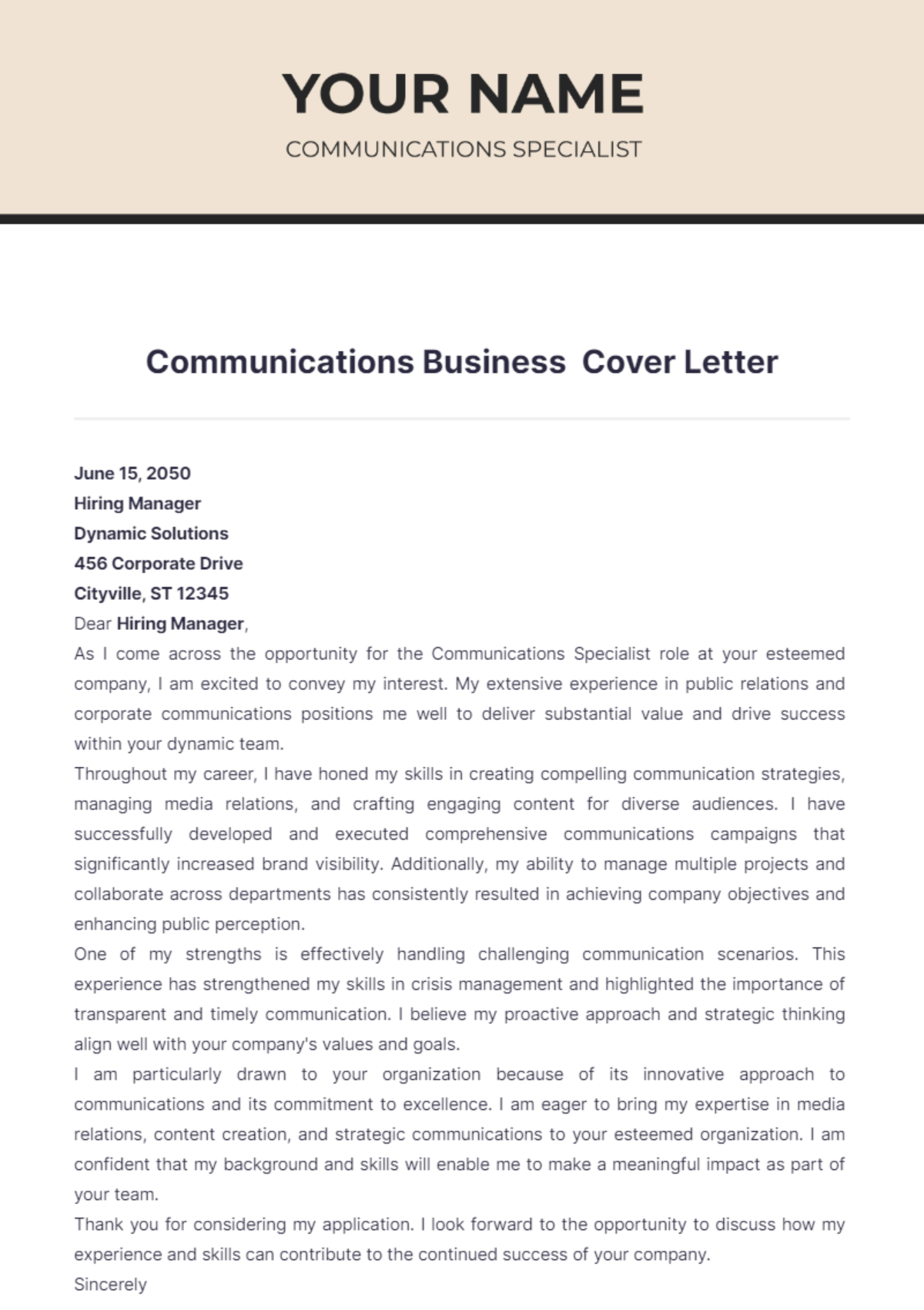 Communications Business Cover Letter - Edit Online & Download