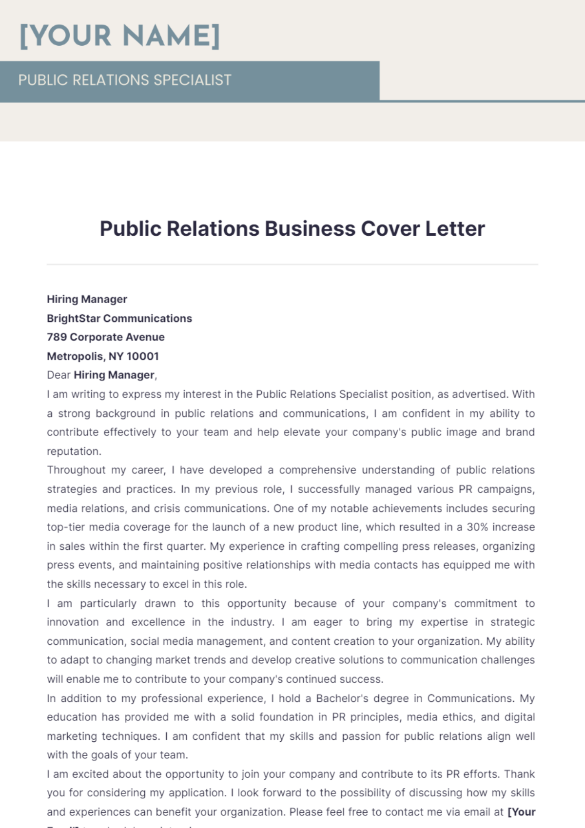 Public Relations Business Cover Letter