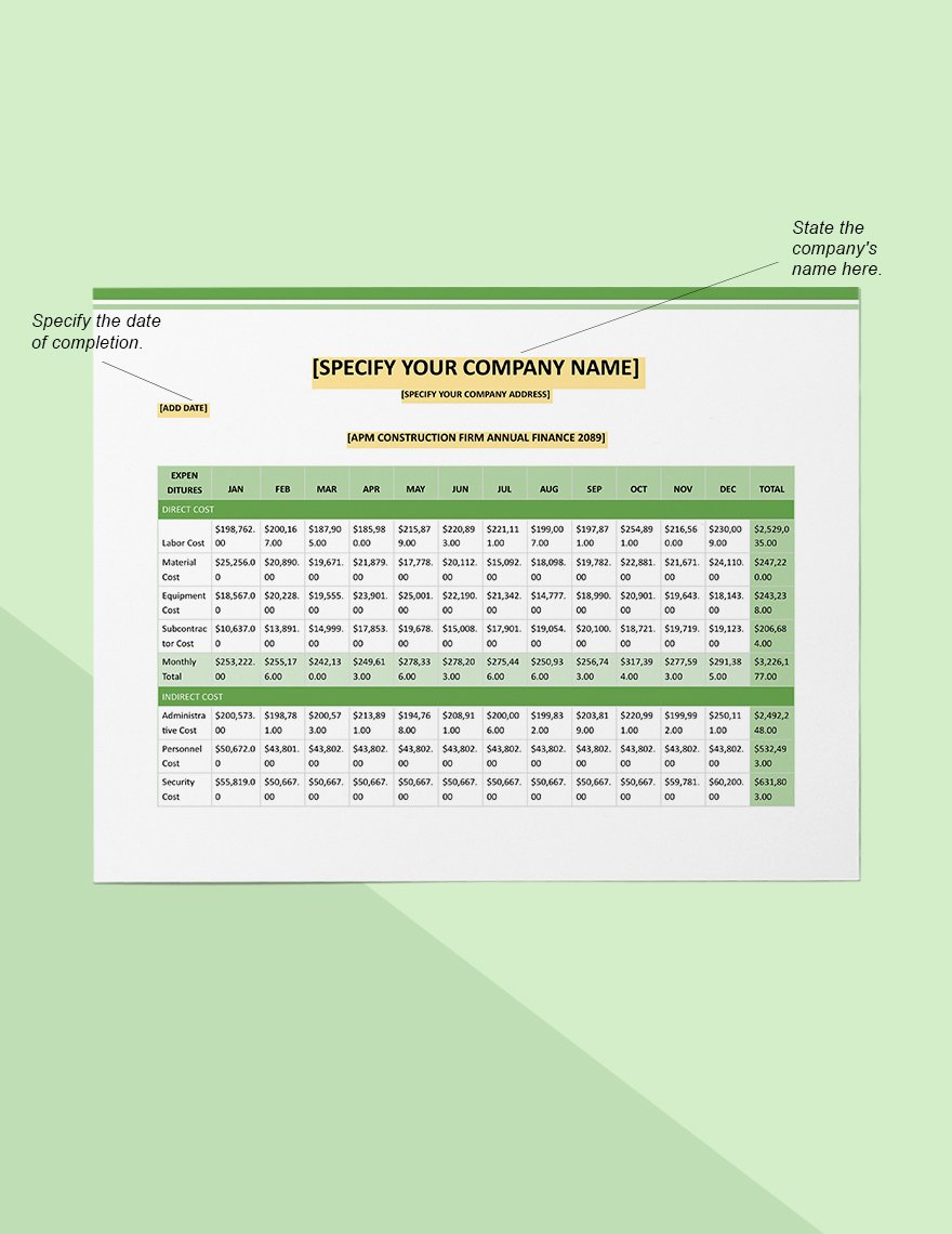 Construction Company Annual Financial Tracking Template