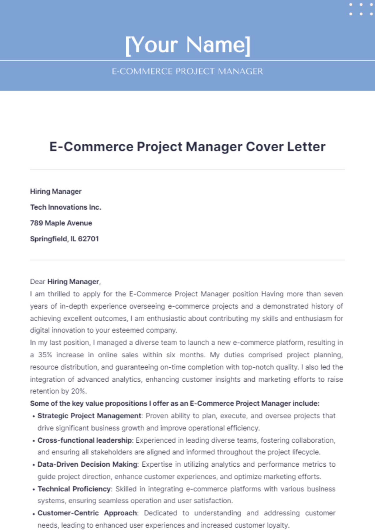 E-Commerce Project Manager Cover Letter