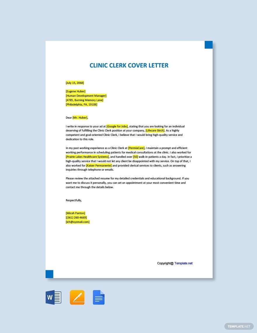 Clinic Clerk Cover Letter Template in Word, Google Docs, PDF, Apple Pages