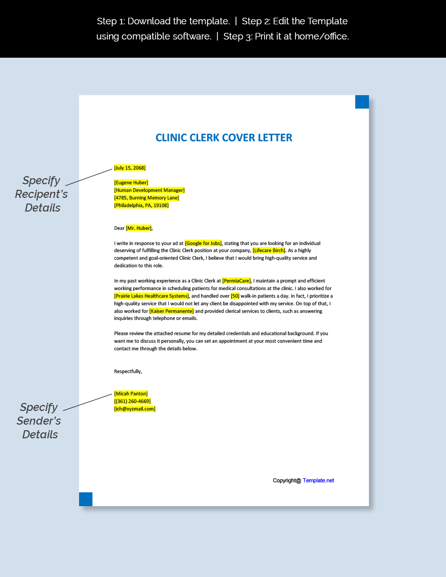 Clinic Clerk Cover Letter Template