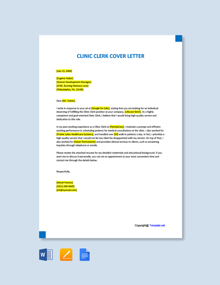 Free Clinic Clerk Cover Letter Template - Google Docs, Word | Template.net