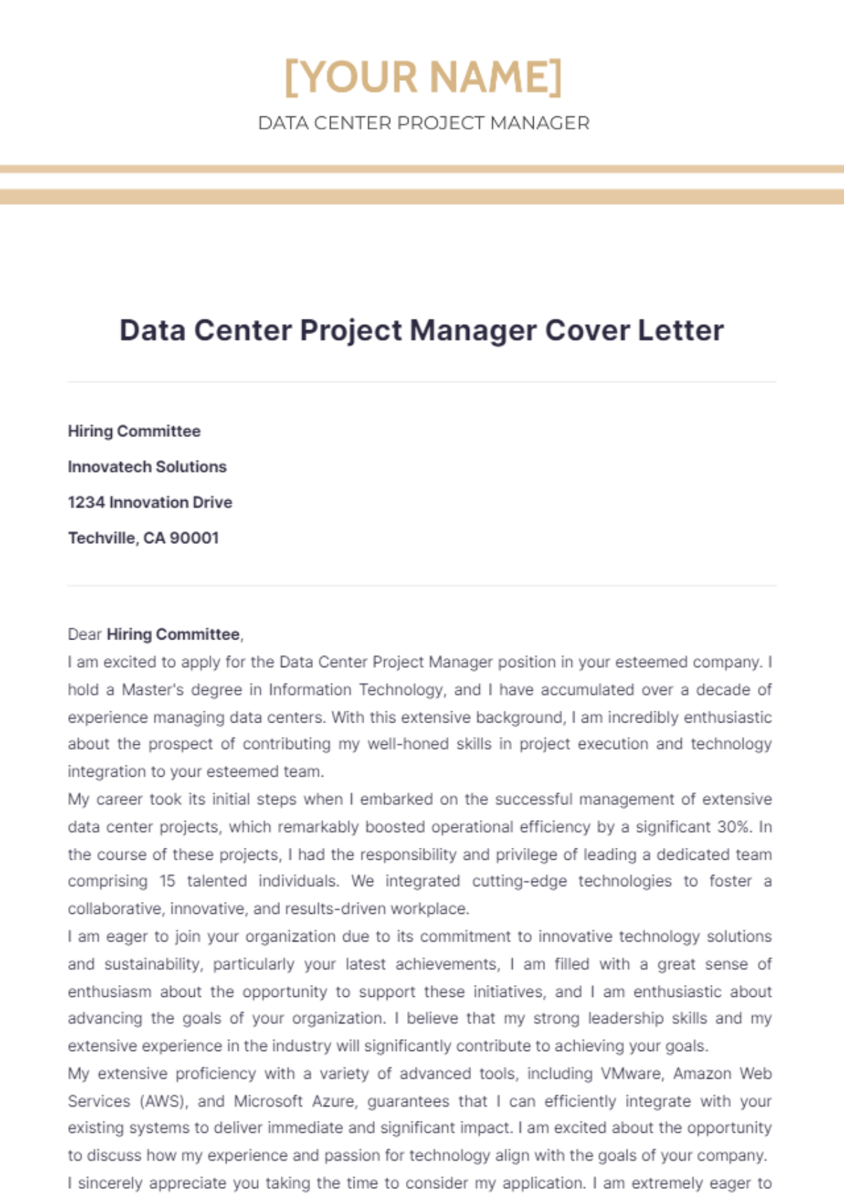 Data Center Project Manager Cover Letter