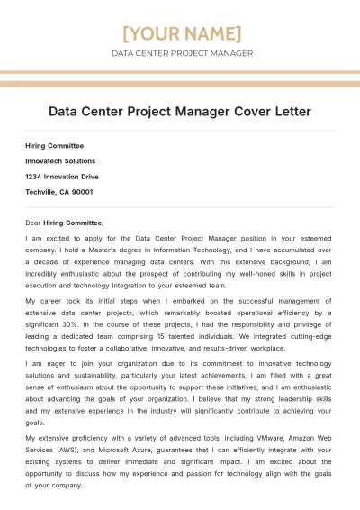 Free Data Center Project Manager Cover Letter to Edit Online