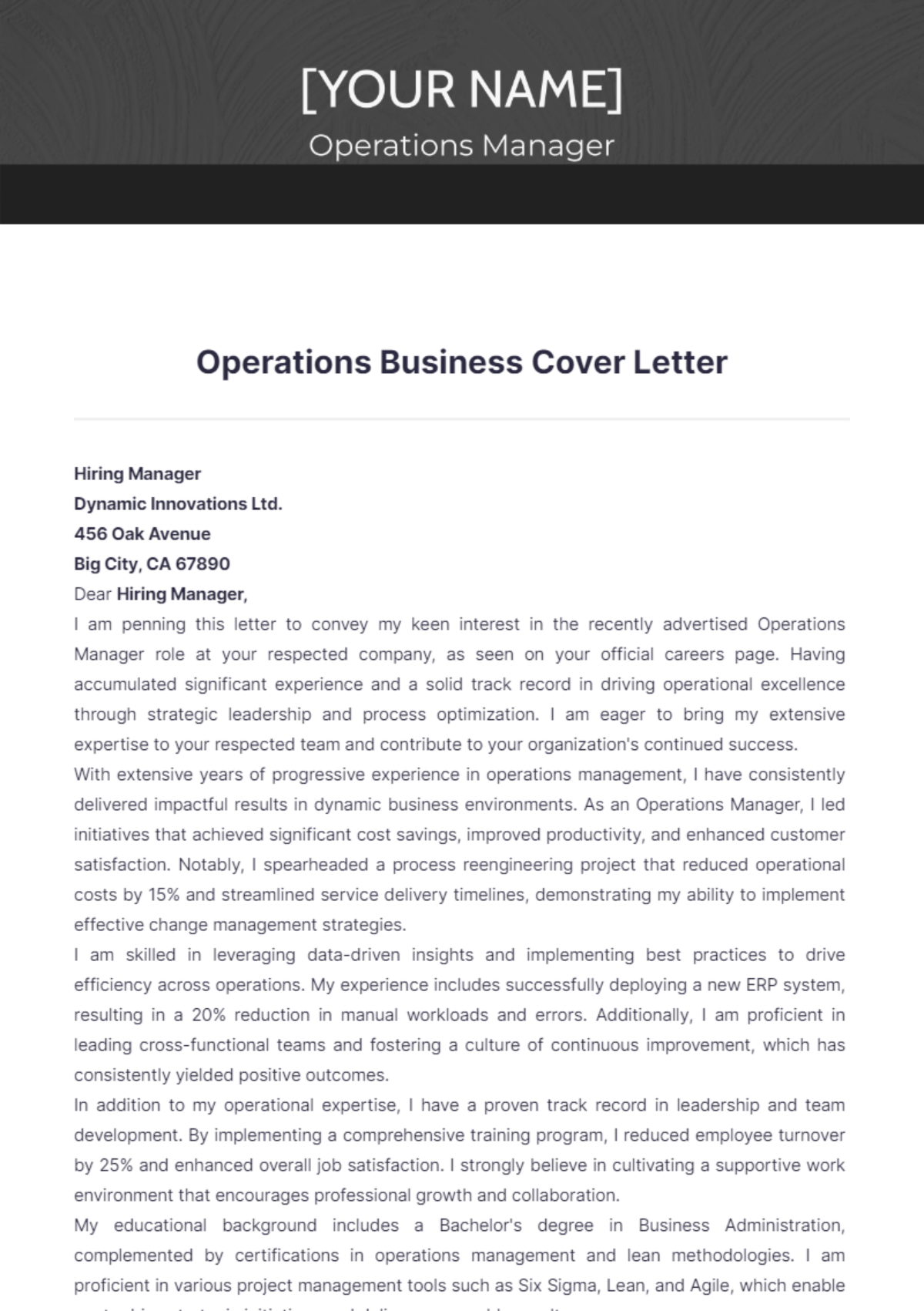 Operations Business Cover Letter