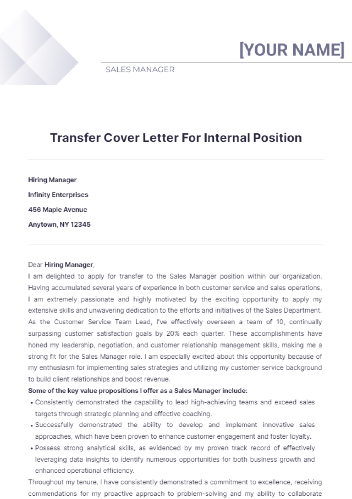 Transfer Cover Letter For Internal Position - Edit Online & Download