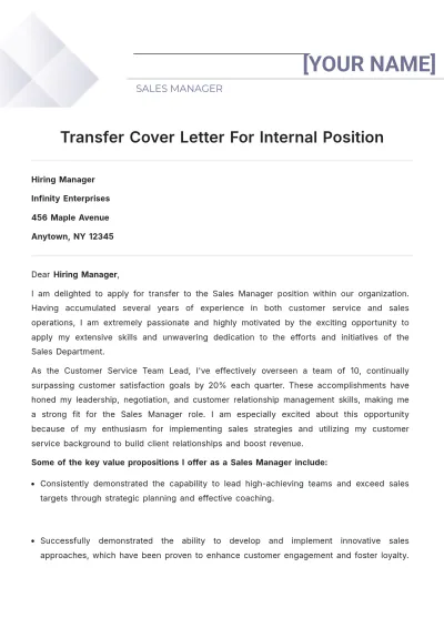 Free Transfer Cover Letter For Internal Position to Edit Online