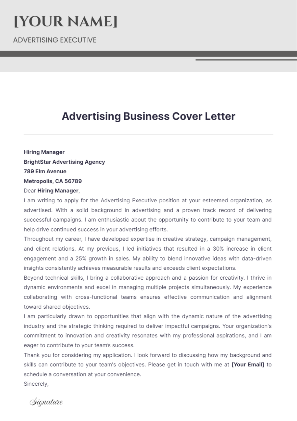 Advertising Business Cover Letter