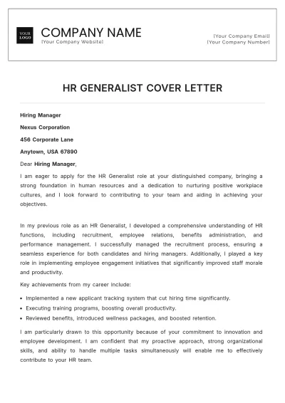 Free HR Generalist Cover Letter Template to Edit Online
