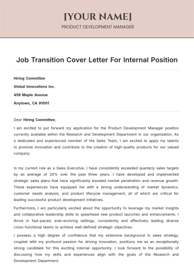 Free Job Application Cover Letter For Internal Position to Edit Online