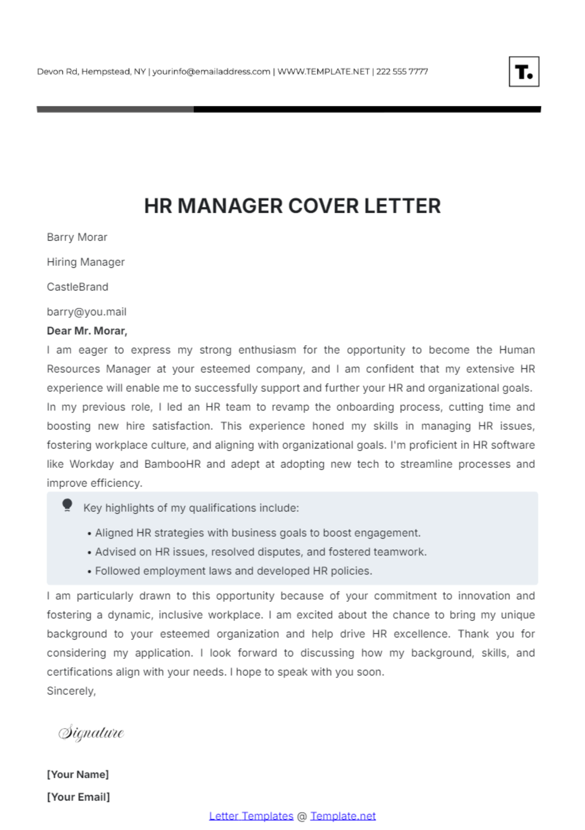 HR Manager Cover Letter Template - Edit Online & Download