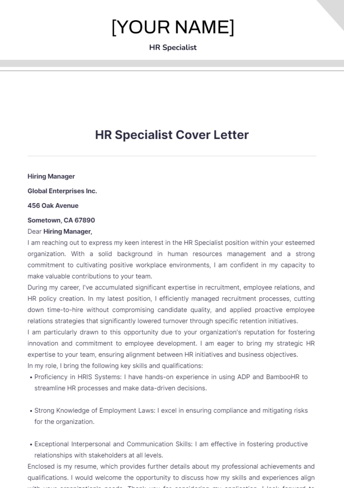 HR Specialist Cover Letter - Edit Online & Download