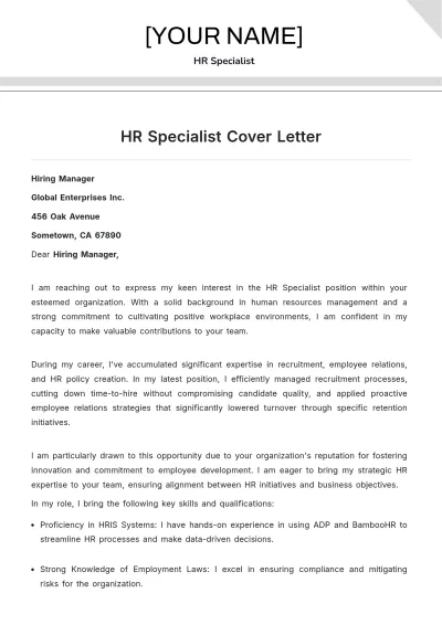 Free HR Specialist Cover Letter to Edit Online