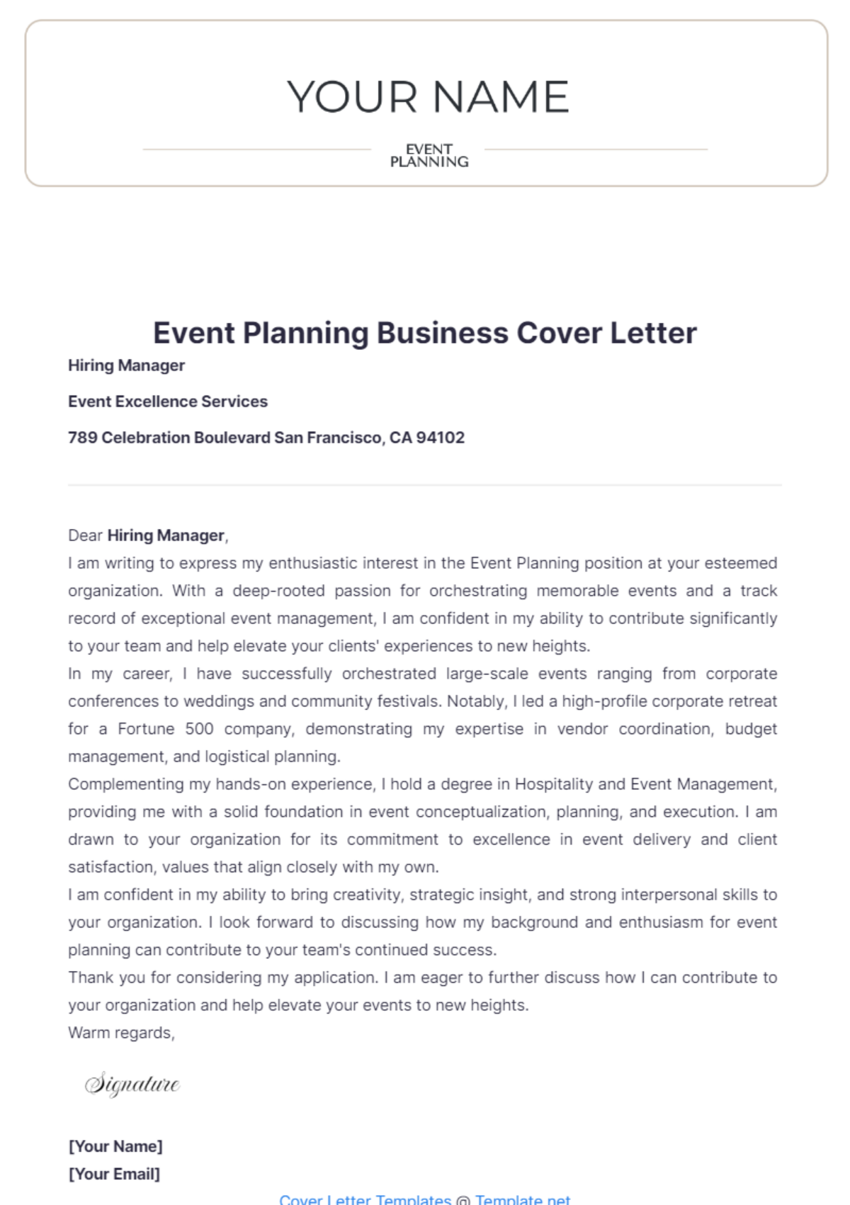 Event Planning Business Cover Letter