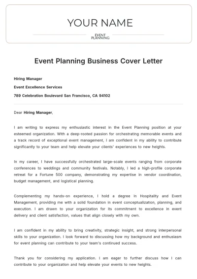 Free Event Planning Business Cover Letter to Edit Online