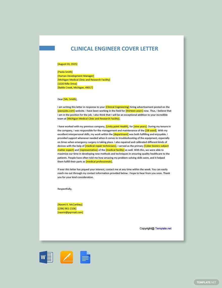 Clinical Engineer Cover Letter Template