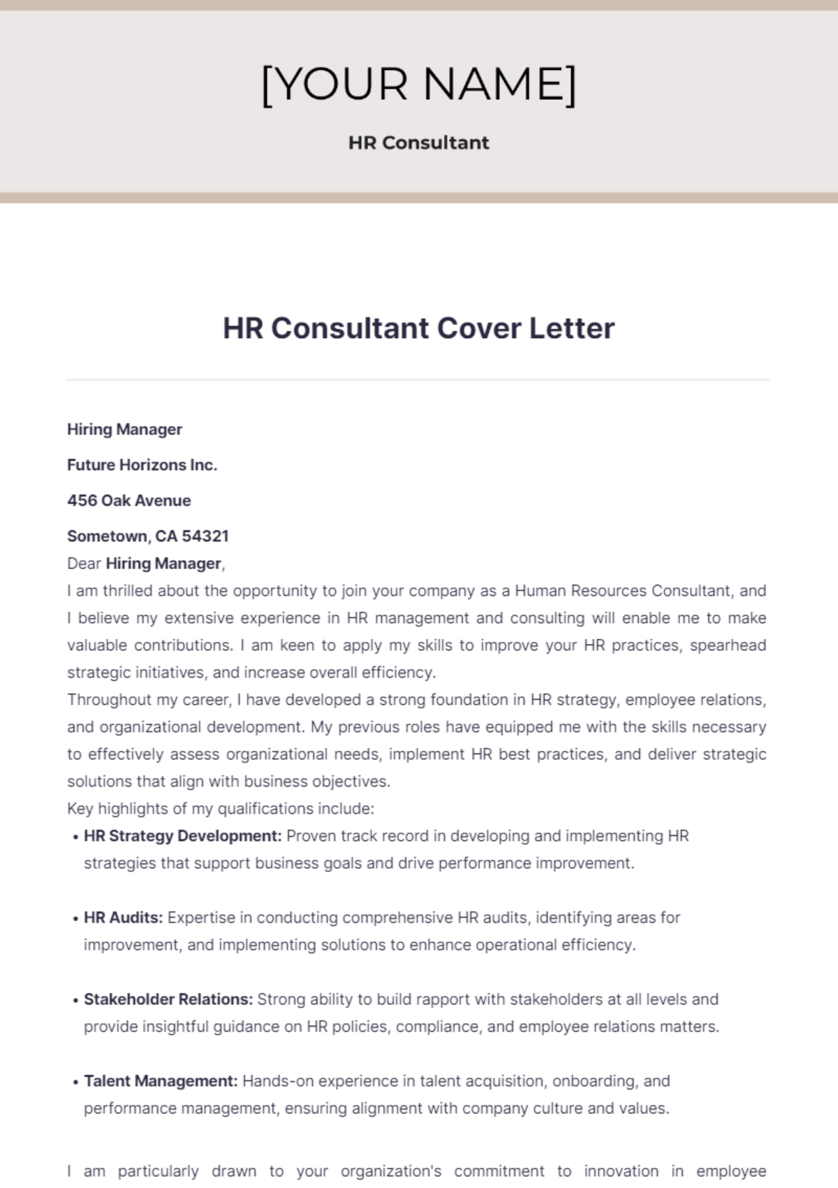 HR Consultant Cover Letter - Edit Online & Download