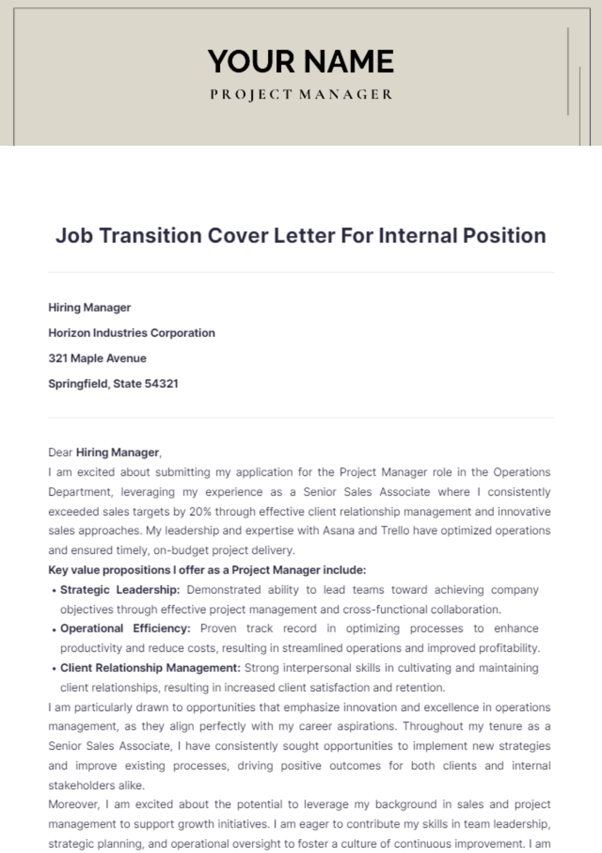 Job Transition Cover Letter For Internal Position - Edit Online & Download