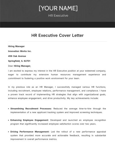 Free HR Executive Cover Letter to Edit Online