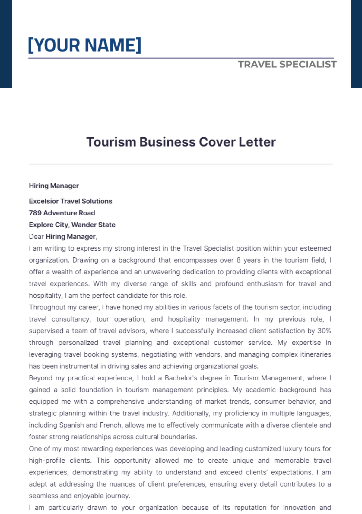 Tourism Business Cover Letter